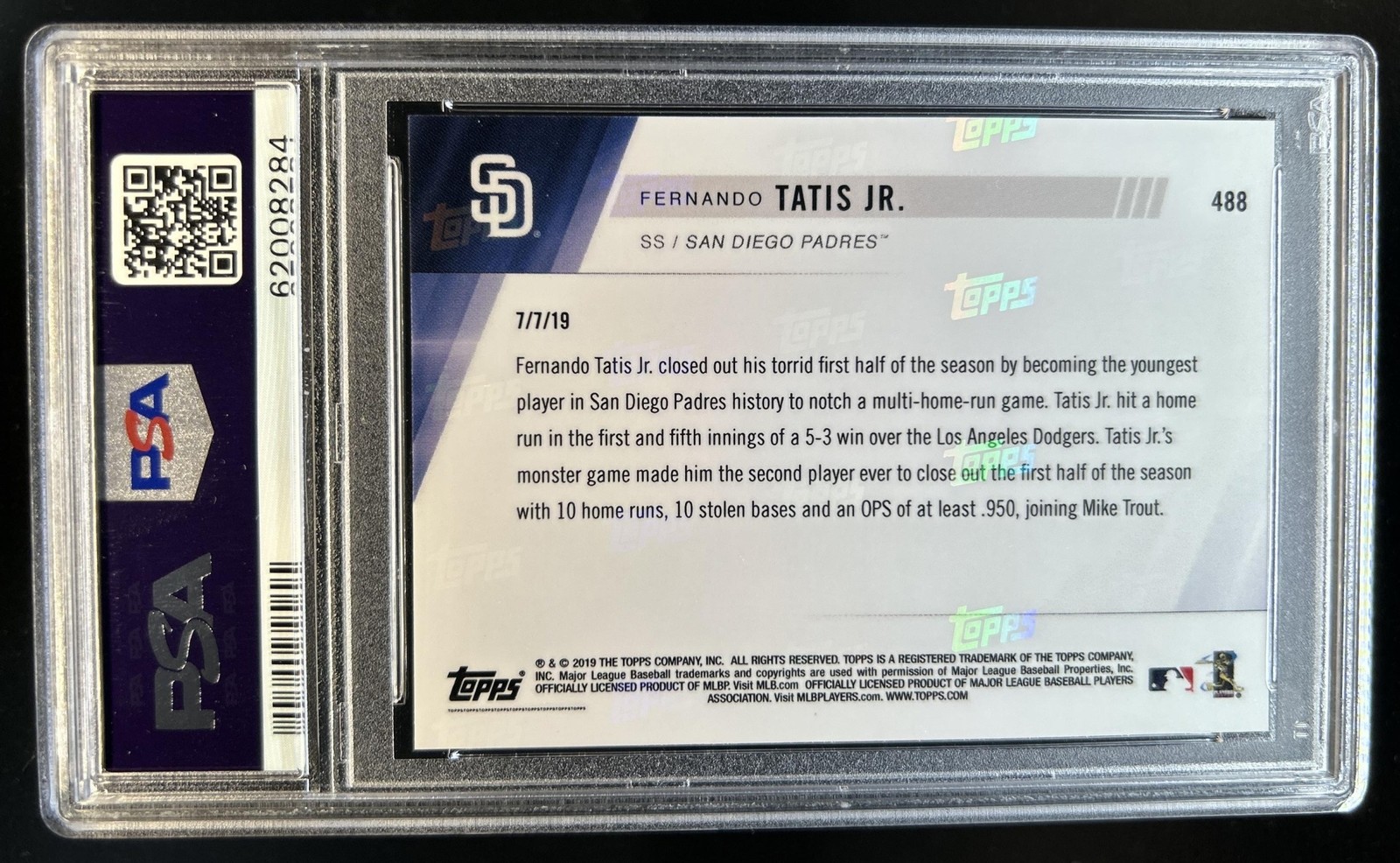 2019 Topps Now Fernando Tatis Jr. RC Rookie #488 Padres PSA 10 GEM MINT view 2
