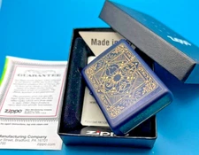 Genuine Brand New 23 ZIPPO Lighter Unusual ELEMENTS DESIGN Gold/Satin Blue Case