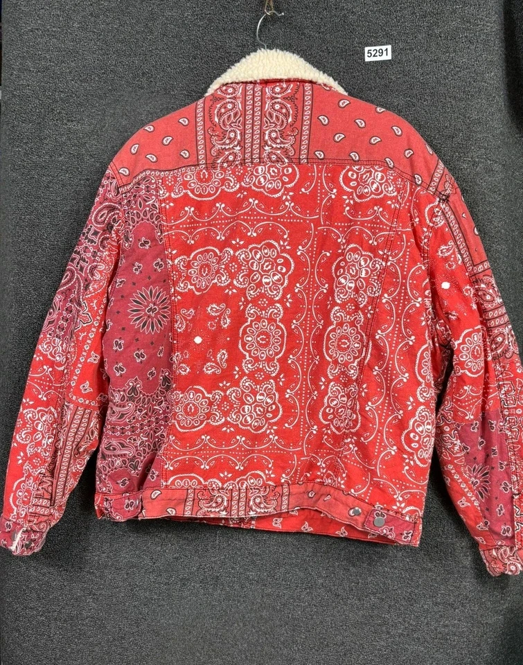 Chaqueta MNML Para Hombres XL Roja Sherpa Forrada Camionero Bandana Paisley Algodón Ropa de Calle Foto 2 de 4
