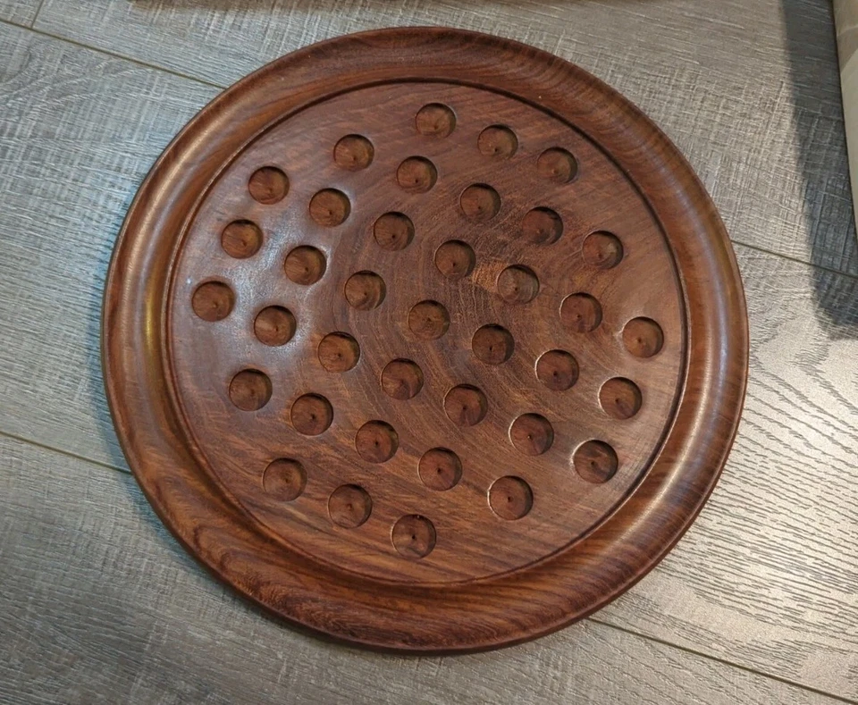 Handmade Wooden Marble Solitaire Board w/ Vtg 37 Glass Marbles Solid Purple - Image 4 of 4