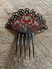 Vintage Celluloid Ladies Large Hair Comb Fan Curved Red Rhinestones 6 W