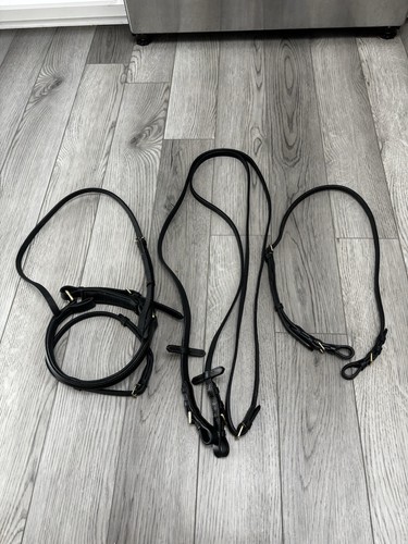 Black Dressage Bridle Parts - Reins, Bradoon Hanger, Noseband. Gold Buckles