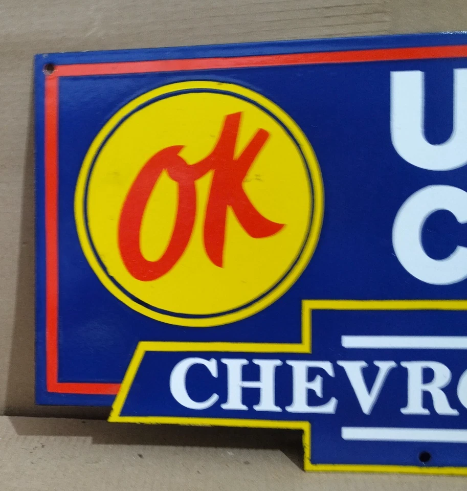 Ok Used Cars Chevrolet Porcelain Enamel Sign  22 x 10 Inches 1 Sided - Image 2 of 4