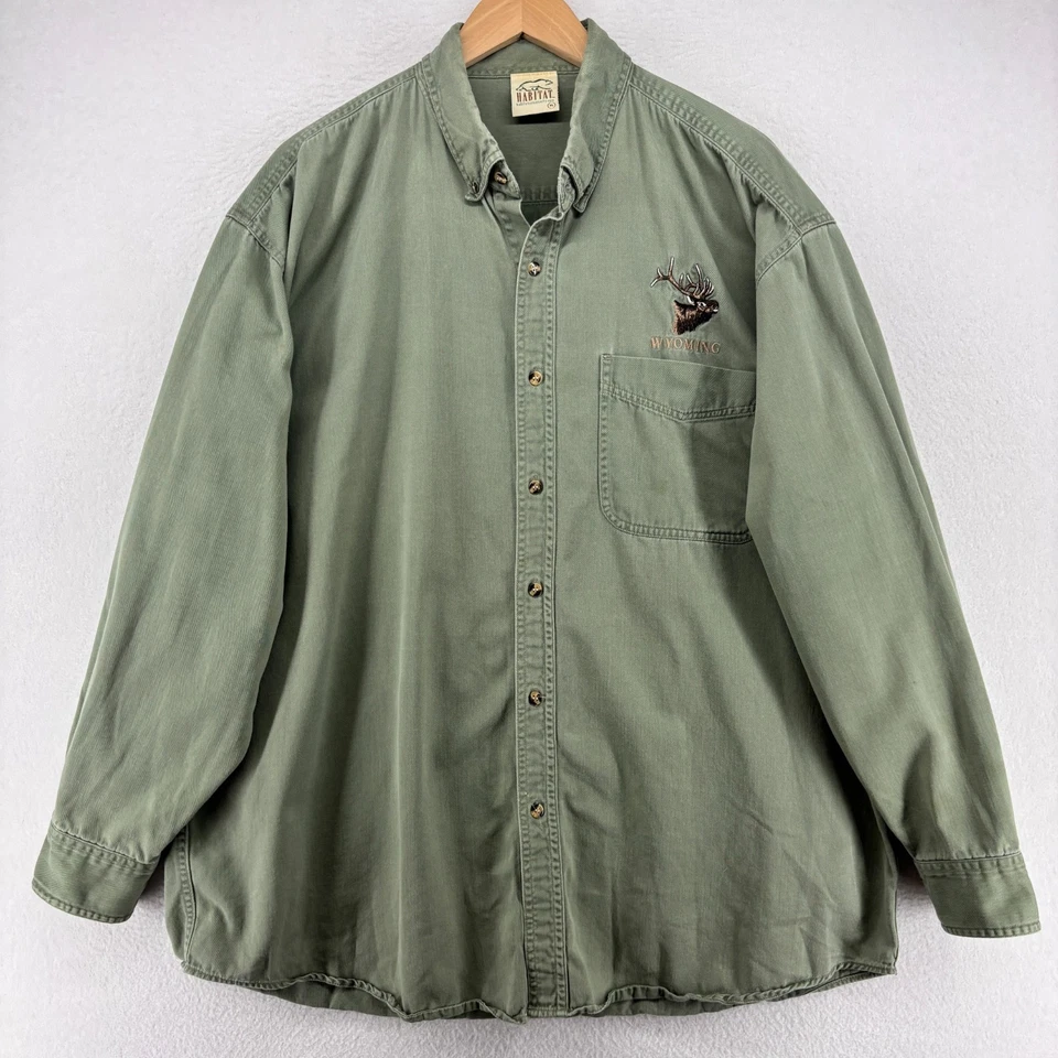WYOMING Shirt Mens XL Elk Hunting Twill Utility Button Down Cotton Green - Image 3 of 4