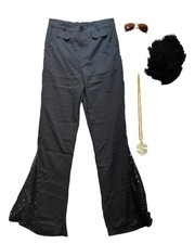 Retro Hippie 60s 70s Disco Costume Set Unisex Black Pants Wig Necklace Classic