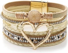 Suyi Multilayer Leather Wrap Bracelet Heart-Shape Wide Cuff Bracelets for Women