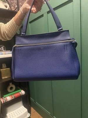 Authentic Celine Cobalt Blue Edge Pebbled Leather Top Handle Bag