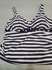 NWT SWIMSUITS FOR ALL Black/White Striped Tankini Top W Built-in Bra; Size 16