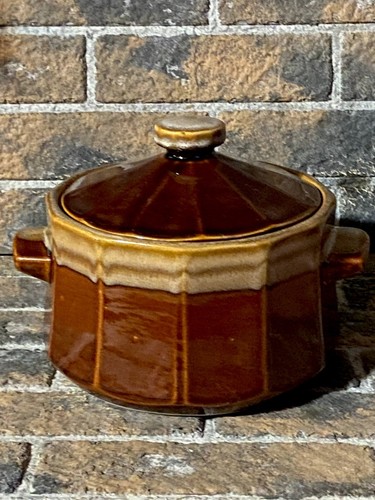 Vintage Bean Pot Brown/Tan Glazed Stoneware Honey Drip 1950s 2 Quart EUC