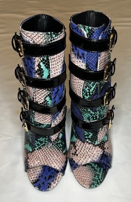 Women Multi-color Snakeskin Open-toe Stiletto Heel Multiple Buckle Straps Size 6
