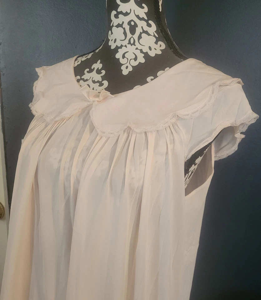 Camisón Shadowline Vintage Talla L ROSA POLVO Nylon Encaje Sedoso Foto 4 de 4