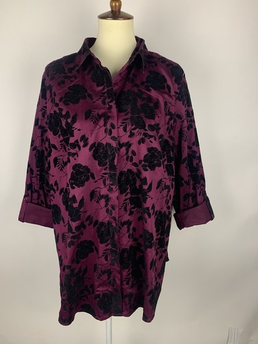 New Chicos Tunic Top Size 3 Burgundy Black Flowers Stretch Roll Tab 3/4 Sleeve - Picture 10 of 15