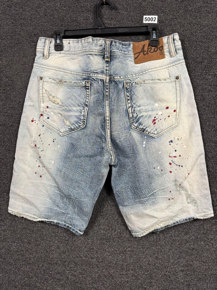 Pantalones Cortos de Denim AKOO Para Hombres 32 Azul Claro Lavado Pintura Envejecida Salpicaduras Ajuste Estándar Foto 2 de 4