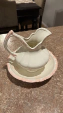 Antique White w. Pink Detail Wash Basin and Pitcher Unbranded Porcelain set 