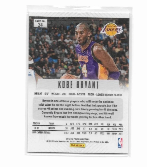 Panini Prizm Kobe Bryant # 24 2012-13 primer año Prizm LA Lakers Foto 2 de 2