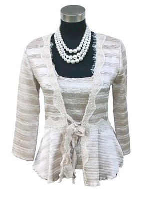 Pleats Pinge Imports Sz S Beige Beaded Evening Top Cardigan Jacket Tie Front 4 6
