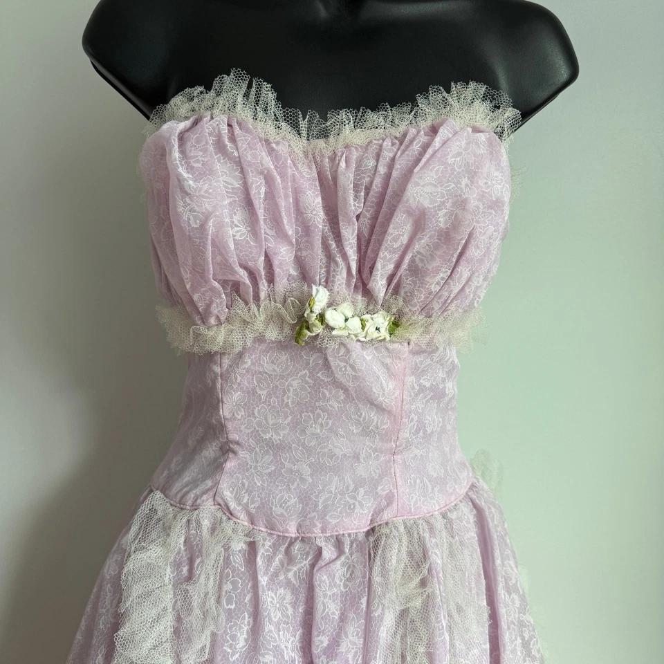Vintage 60s Coquette Strapless Lavender Lace Floral Prom Party Dress Formal Gown - Image 3 of 4