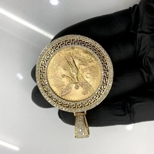 1.60 Ct Round Cut Moissanite Pendant 50 Pesos Centenario 14K Yellow Gold Plated - Image 4 of 4