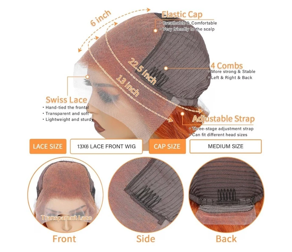 Peluca de jengibre de 30 pulgadas cabello humano 13x6 HD pelucas frontales de encaje cabello humano peluca ondulada corporal Foto 3 de 4