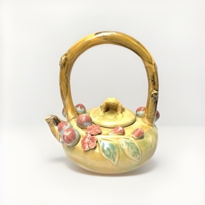 Vtg Clay Frog Majolica Teapot 3D Flowers with Frog Lid 6.5''Tall Bamboo Handle