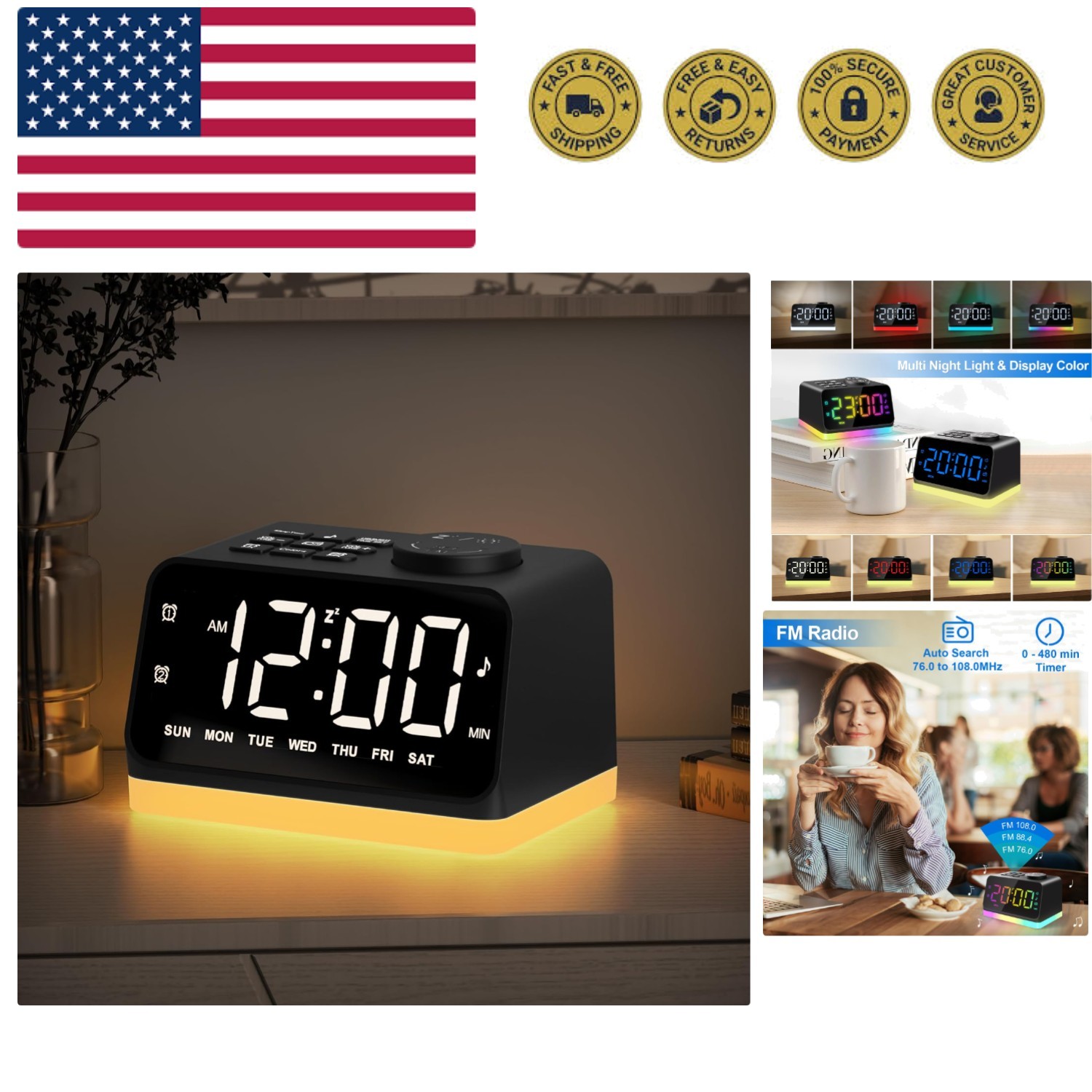 With Fm Radio For Bedroom, 8 Colors Night Light With 2 Ch...