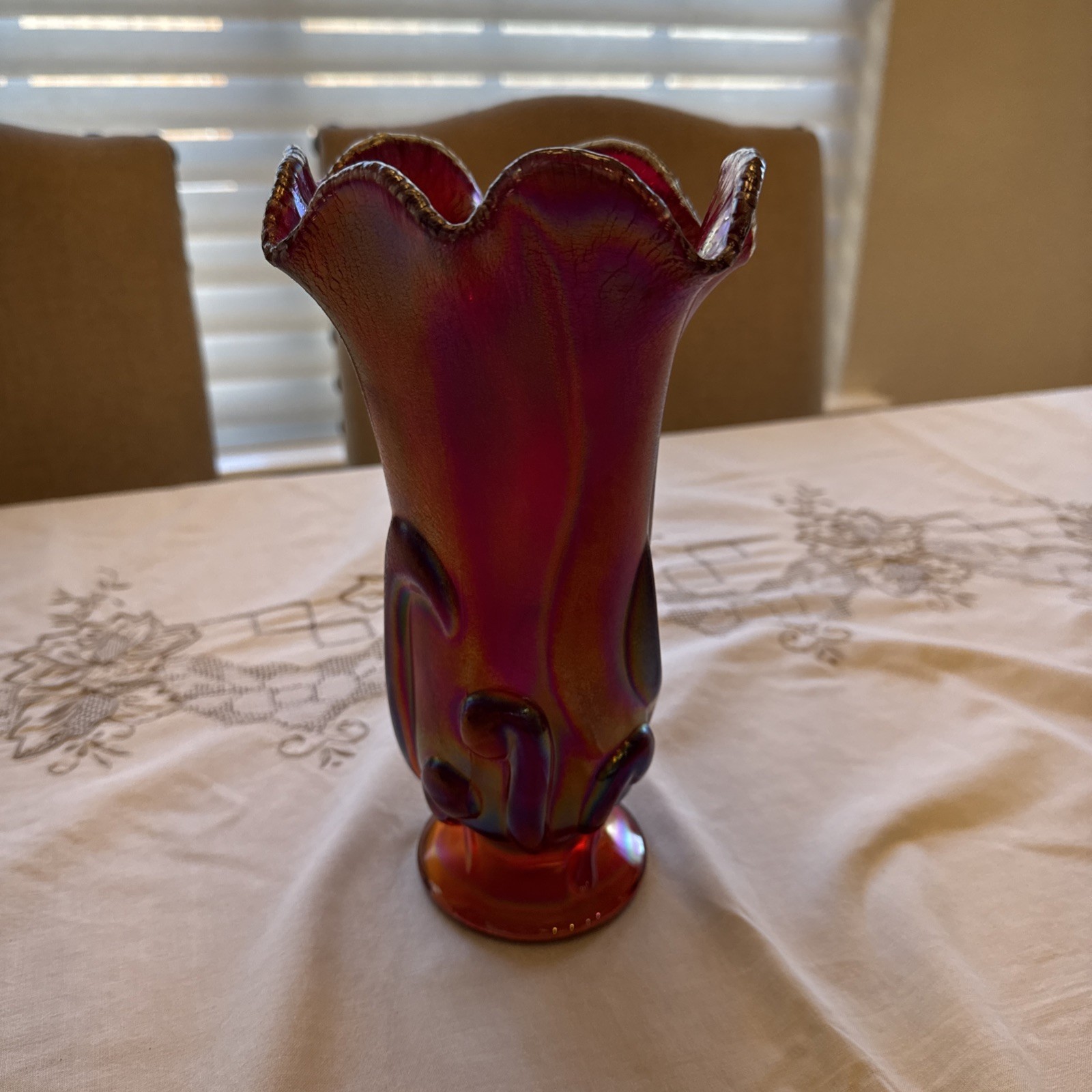Fenton Art Glass Swung Handkerchief Vase In Red Carnival Stretch