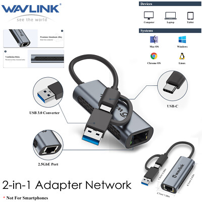 USB C to 2.5G Ethernet Adapter 2-in-1 USB C/USB 3.0 Ethernet Adapter Network
