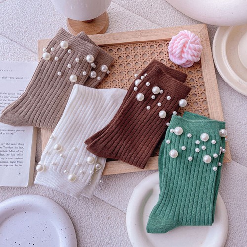 Women Cotton Socks Short Hosiery Foot Socks Mid-tube Socks Casual Simple Pearl - Picture 2 of 29