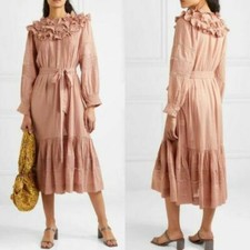 Doen Avena Ruffled Lace Trimmed Swiss Dot Dusty Pink Midi Dress Embroidered S