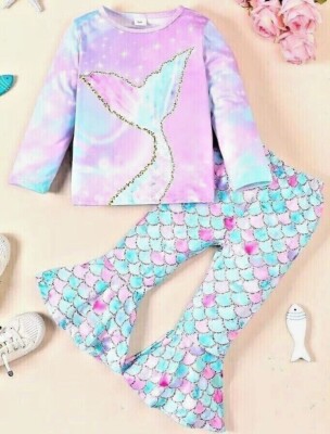 Girls Mermaid Pants Set Flared Leg Long Sleeve Top Kids Outfit Clothes NEW