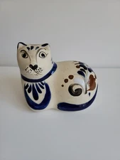Vintage Tonala Ceramic Cat Hand Painted Flowers Blue Brown Mexico