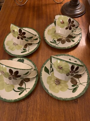 Vtg Southern Potteries Green Briar Blue Ridge Cup Saucer Set 8 pc Hand Painted