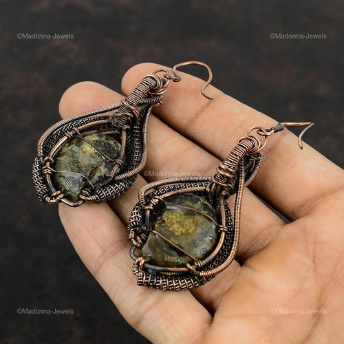 Copper Pear Ammonite Fossil Gemstone Ethnic Wire Wrapped Dangle Earrings Jewelry - Picture 13 of 13