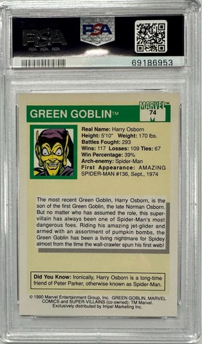1990 Impel Skybox Marvel Universe #74 Green Goblin Rookie PSA 10 GEM MINT - Picture 6 of 6