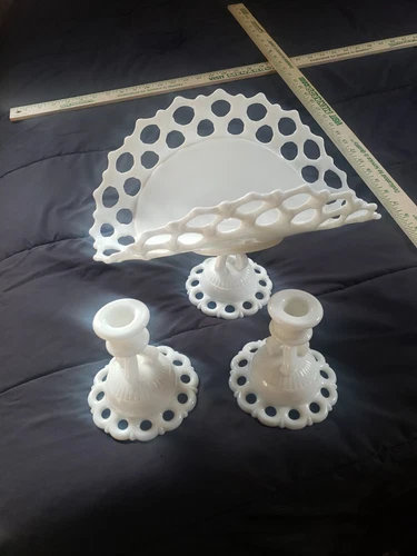 Vintage Westmoreland White Milk Glass Banana Stand And Candle Holders