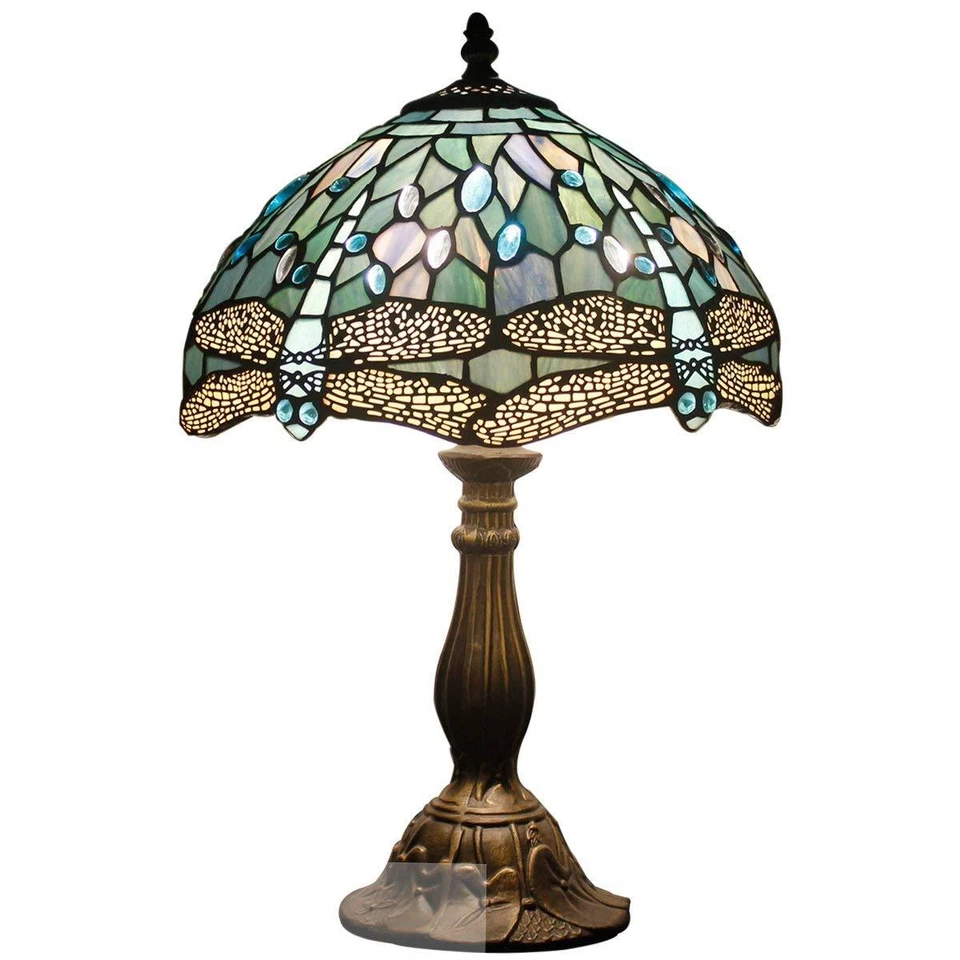 TIFFANY & CO. Blue Stained Glass Dragonfly Table Lamp Tiffany Style Shade Antique 60W Desk New
