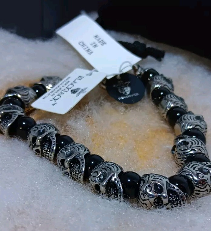Amazon.com: Blackjack Jewelry Mens Genuine Gemstone  Black Jack Stainless Skull & Onyx Bead Bracelet main image 2