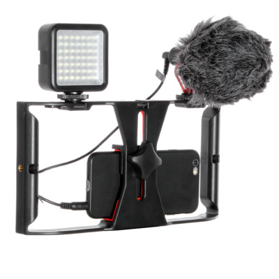 Smart phone Video Camera Stabilizer Cage Rig + 49 Led Light +BOYA Microphone Kit