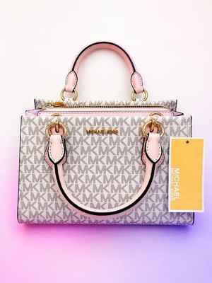 Michael Kors Small Beige Pink Logo Satchel Top Handle Zip Detachable Strap