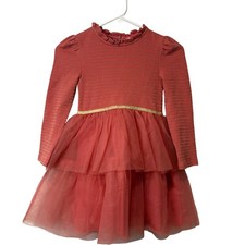 Mini Boden Tulle Tutu Dress Kids 6-7Y Coral Pink Gold Metallic Striped Tiered