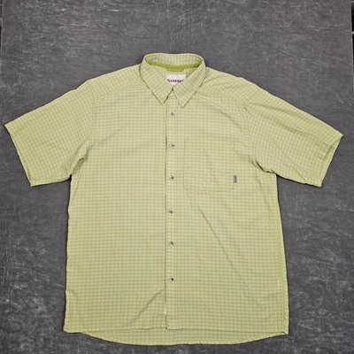 Simms Fishing Shirt Mens Large Green Plaid Short Sleeve Button Front Outdoor