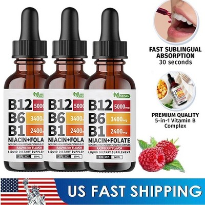 5- IN-1 Vitamin B Complex B12 Sublingual Liquid Drops B6 B1 + Niacin & Folate US