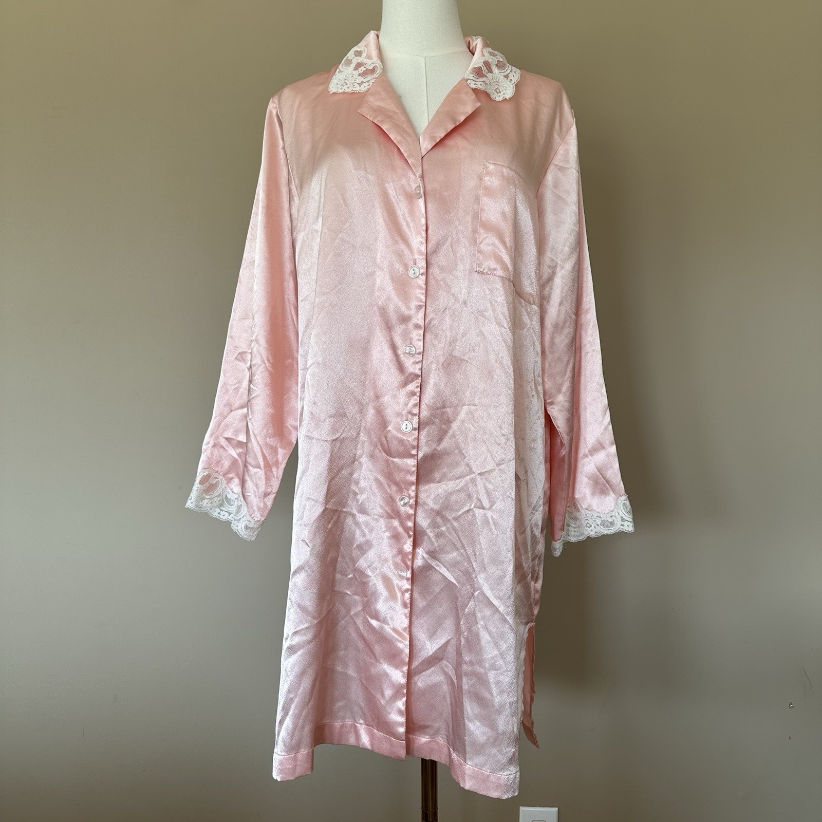 Vintage Oscar de la Renta Pink Label Satin Night Gown Women M Pastel Cottage