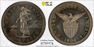 P11 Filipinas 1904 Plata 20 Centavos PCGS PROOF 63 Buen Tono