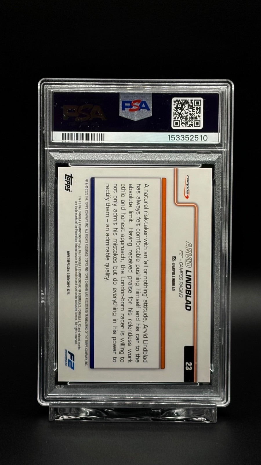 Arvid Lindblad PSA 8 SSP /50 Gold Refract. / 25' Topps Chrome Grade Ready #23 F1 view 2