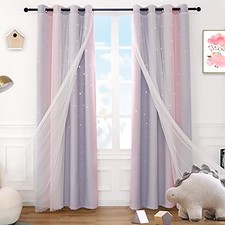 Pink Curtains for Girls Double Layer 2 52"W x 95"L Pack of 2 Pink/Grey/White