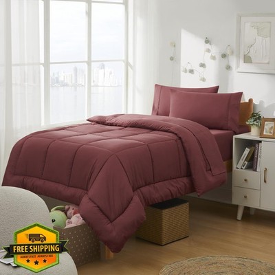 Dorm Room Comforter Set Twin XL Bed in a Bag Burgundy 5pc