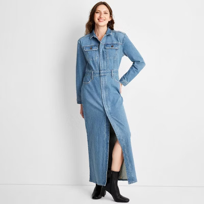 Universal Thread Women's Long Sleeve Denim Shirt Maxi Dress