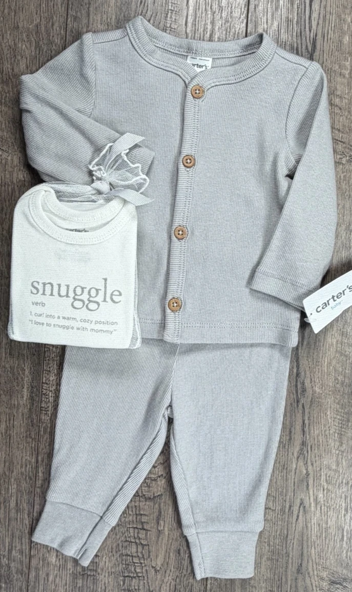 Baby Boy Clothes New Carter's 3 Month 3pc Gray Ribbed Snuggle Outfit