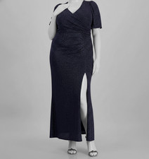 Alex Evenings Women's Blue Metallic-Knit Surplice Gown Dress Plus Size 16W